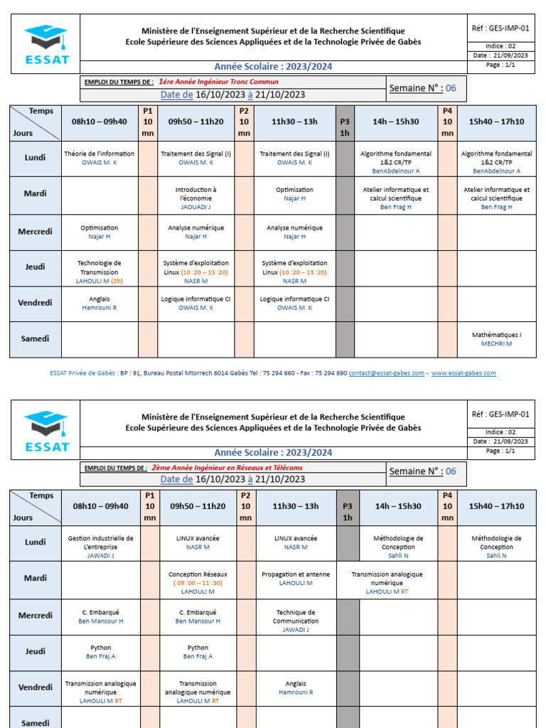 Emploi du temps Semaine 06 2023/2024 | PDF | Informatique ...