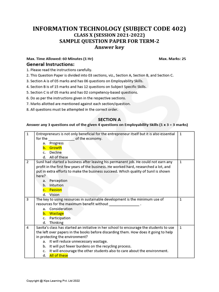SQP - IT-402 - CL - X - Term 2 - Set 1 - Answer Key | PDF