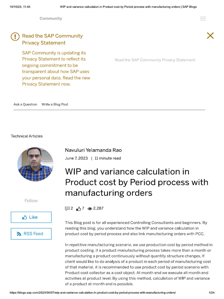 Cost Variance Calculation