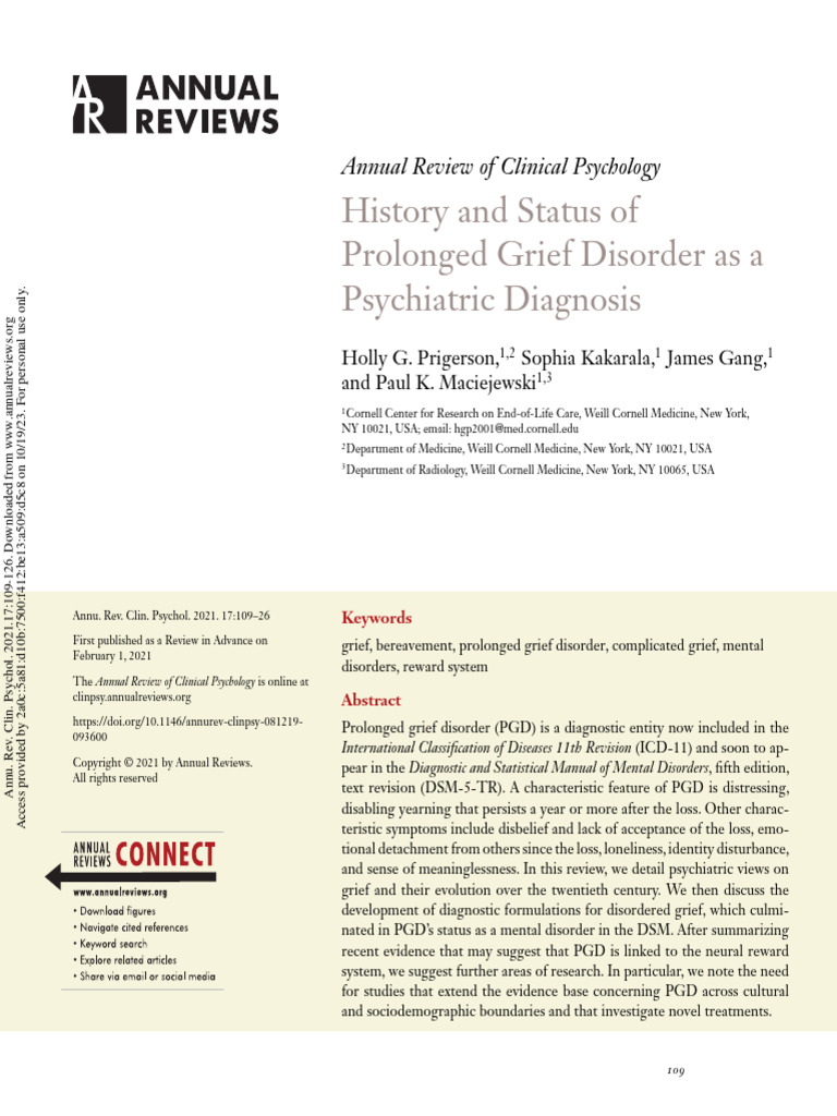 Prigerson Et Al 2021 History and Status of Prolonged Grief Disorder As ...