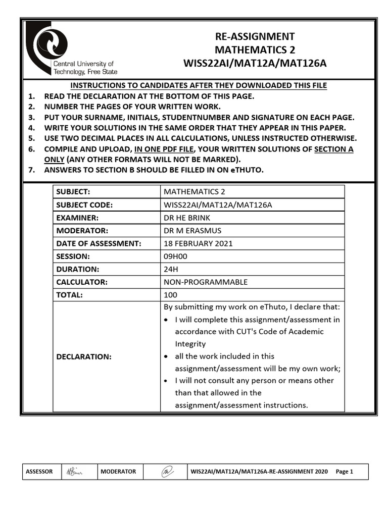 Mathematics 2 Re-Assignment Instructions | PDF | Career & Growth