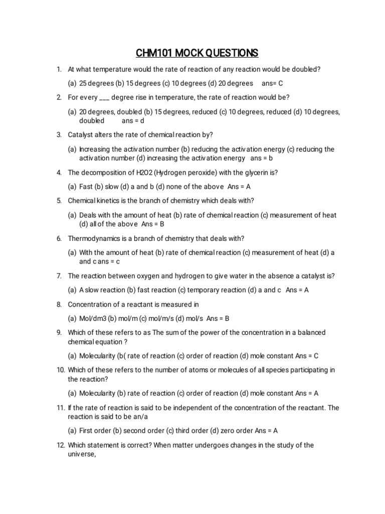 CHM101 Mock Questions and Answers | PDF | Chemistry | Physical Chemistry