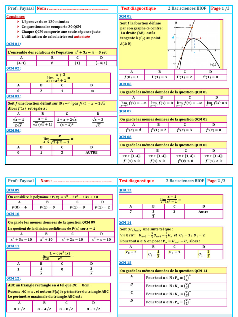 Test Diagnostique Math 2 Bac BIOF | PDF | Choix multiple | Tests ...