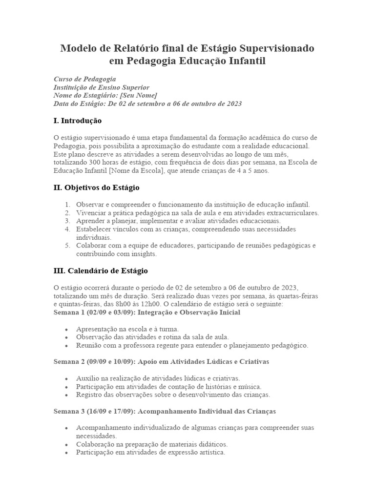 Exemplo De Relatorio De Estagio Supervisionado Novo Exemplo Images ...