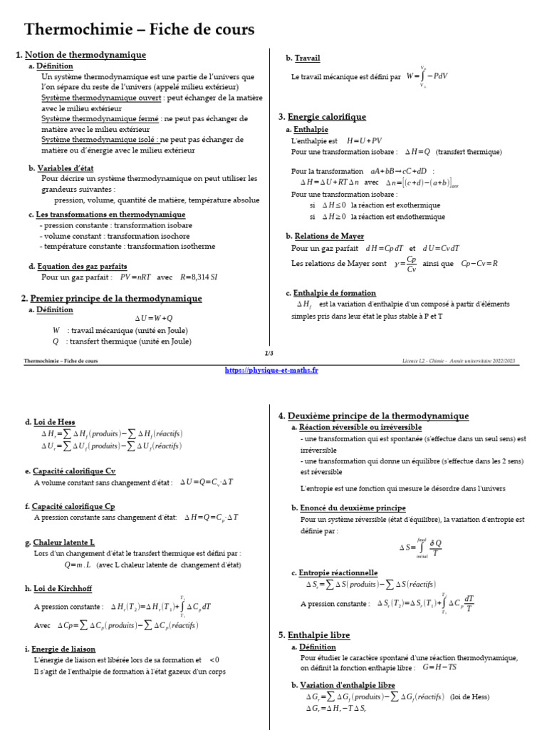 Fiche de cours en thermochimie | PDF | Équilibre chimique | Thermodynamique