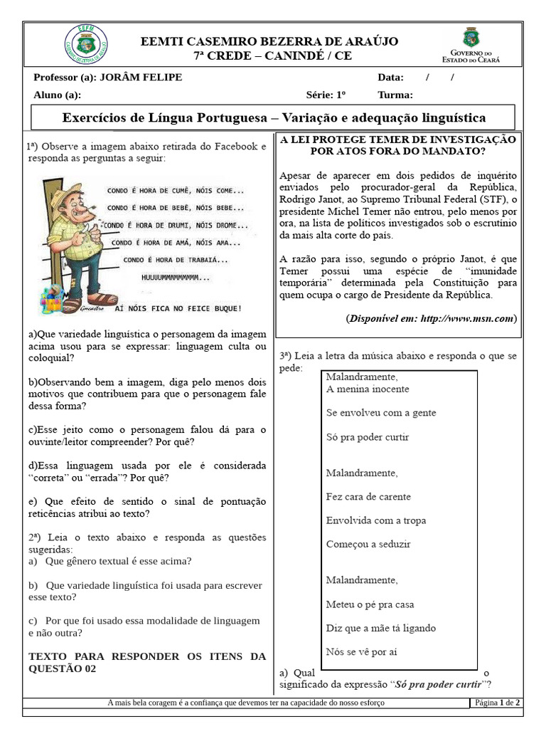Atividade Variaçao Linguistica | PDF