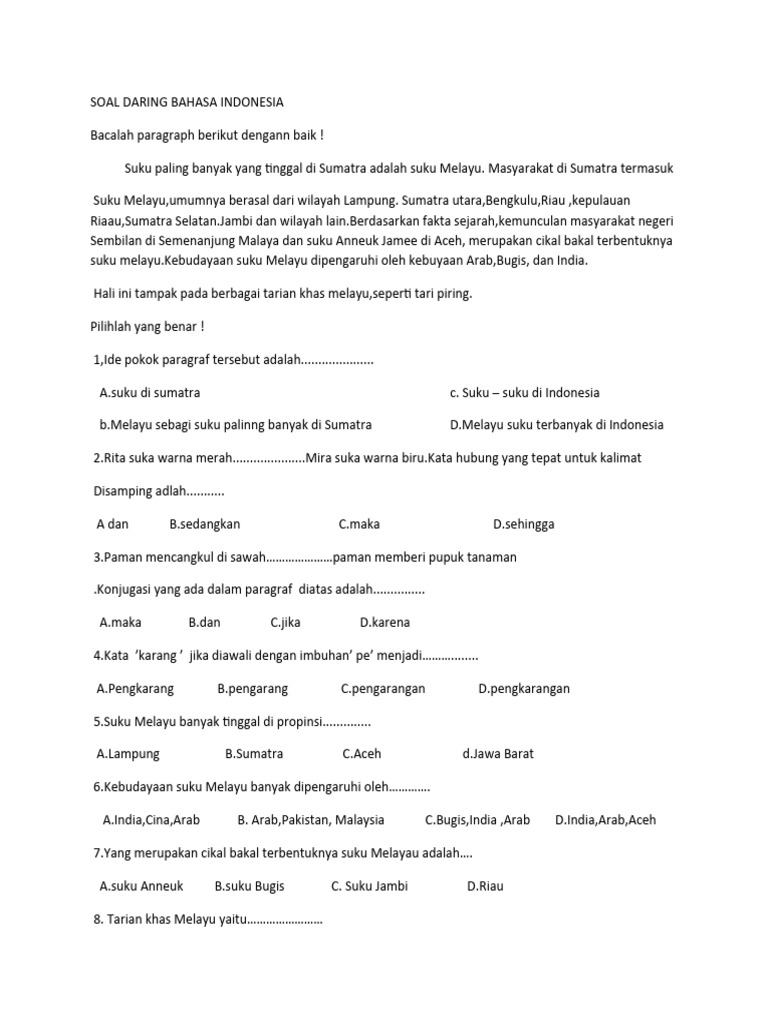 Soal Daring Bahasa Indonesia | PDF | Seni & Disiplin Bahasa | Fiksi Umum