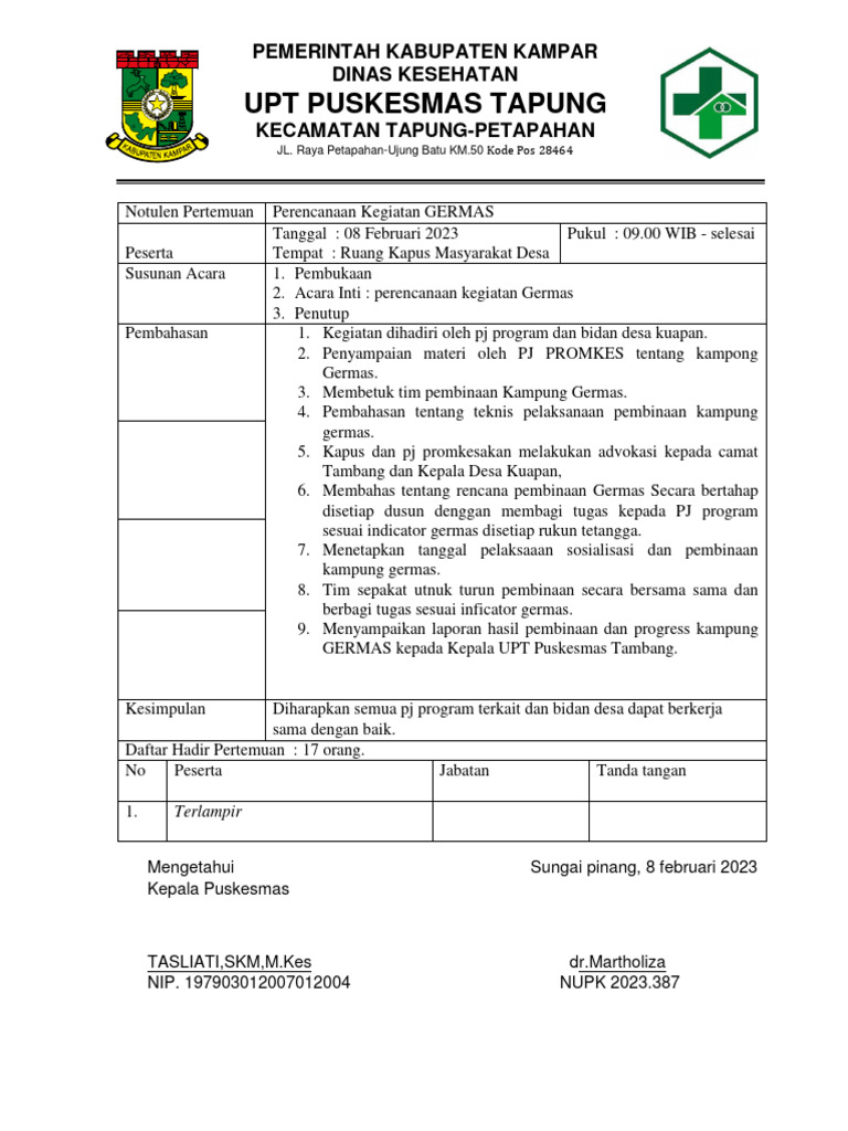 Notulen Rencana Kegiatan GERMAS 2023 | PDF