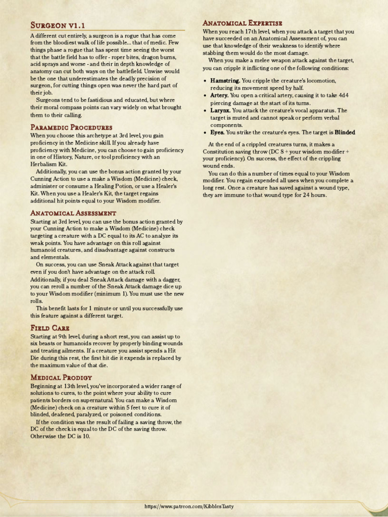 Surgeon Rogue Archetype Guide | PDF | Health Care | Medicine