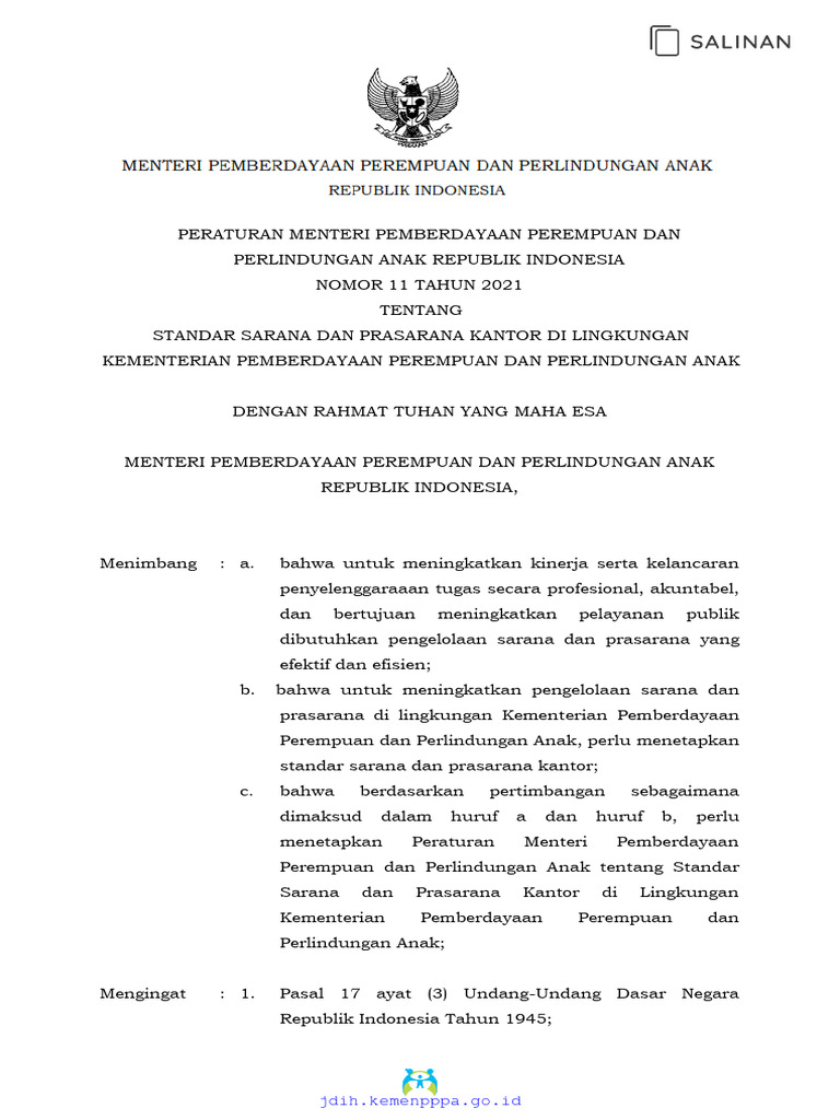 Permen pppa no 11 thn 2021 ttg standar sarana dan prasarana kantor di