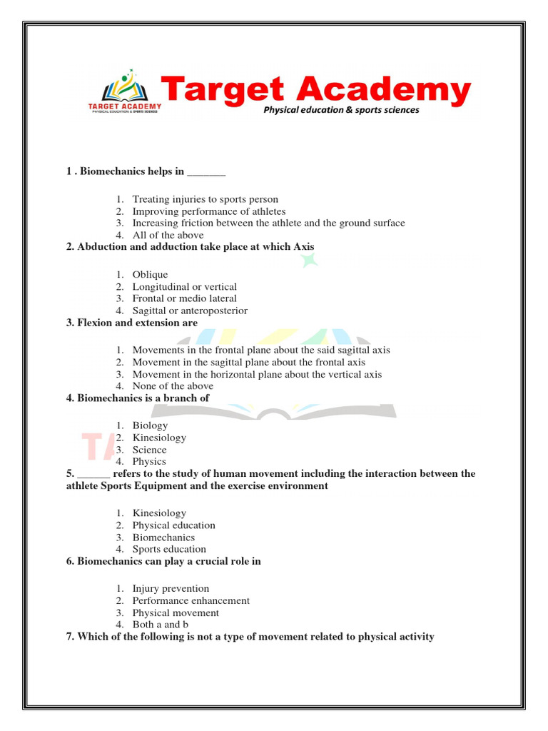 Sports Biomechanics MCQ 50 | PDF | Anatomical Terms Of Motion | Foot