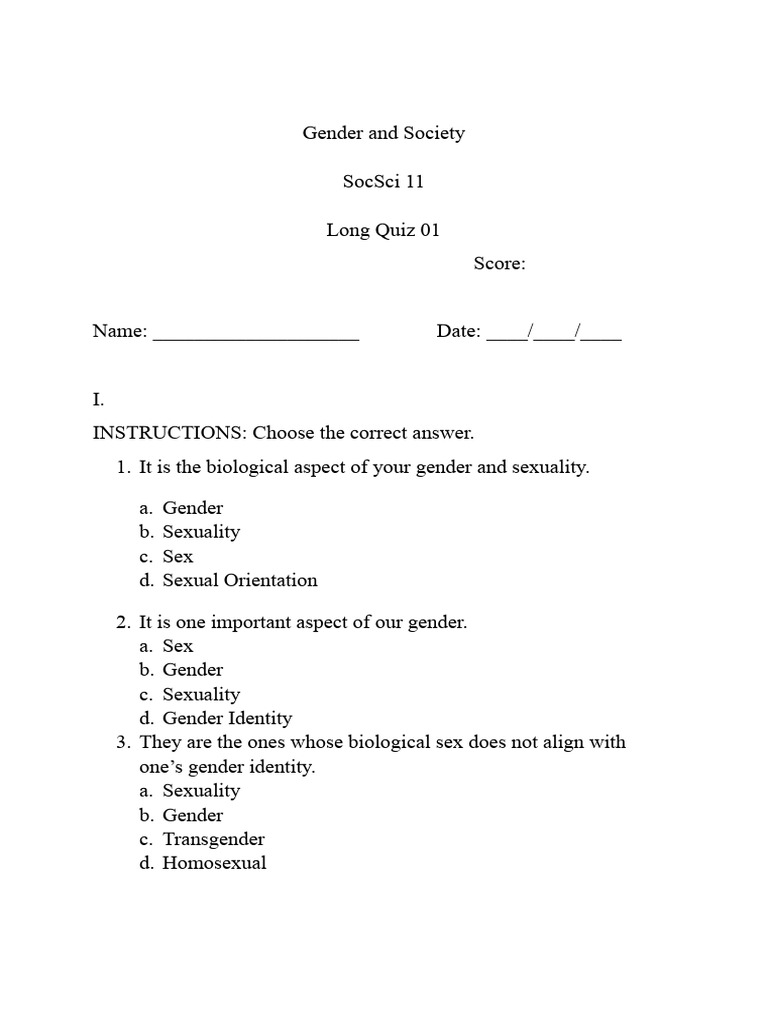 Gender Identity and Society Quiz | PDF | Sex | Human Reproduction