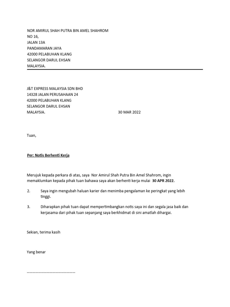 Idoc Pub Contoh Surat Berhenti Kerja Notis Sebulan Pdf