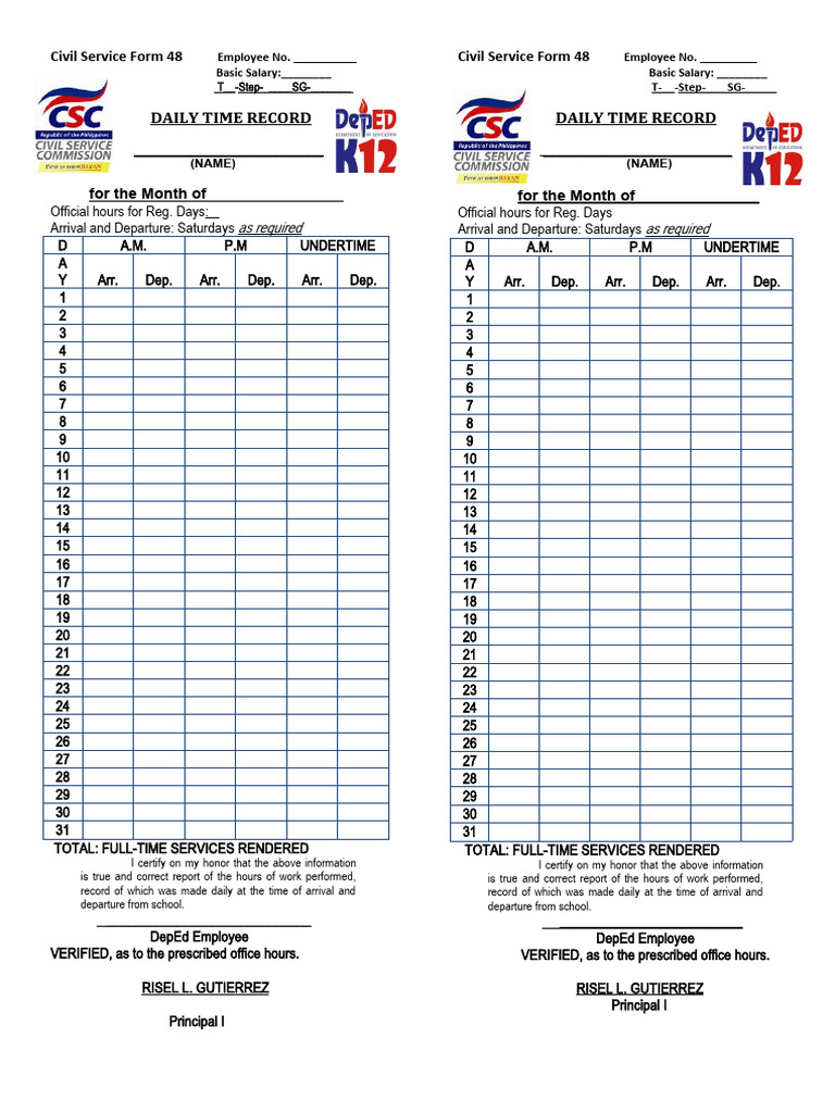 Civil Service Daily Time Record Form | PDF