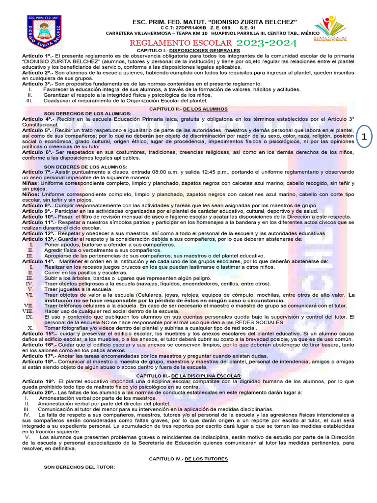 Reglamento Escolar 20232024 PDF