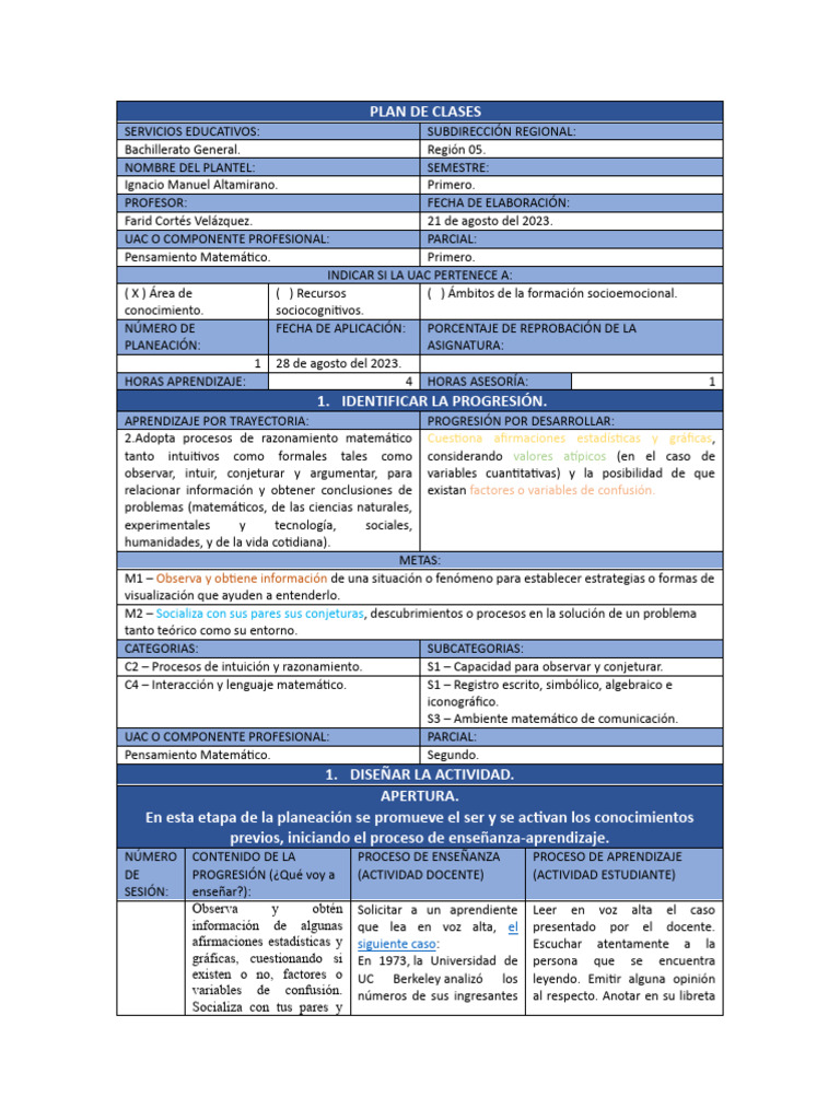 Plan de Clases: Pensamiento Matemático | PDF | Crecimiento personal y ...