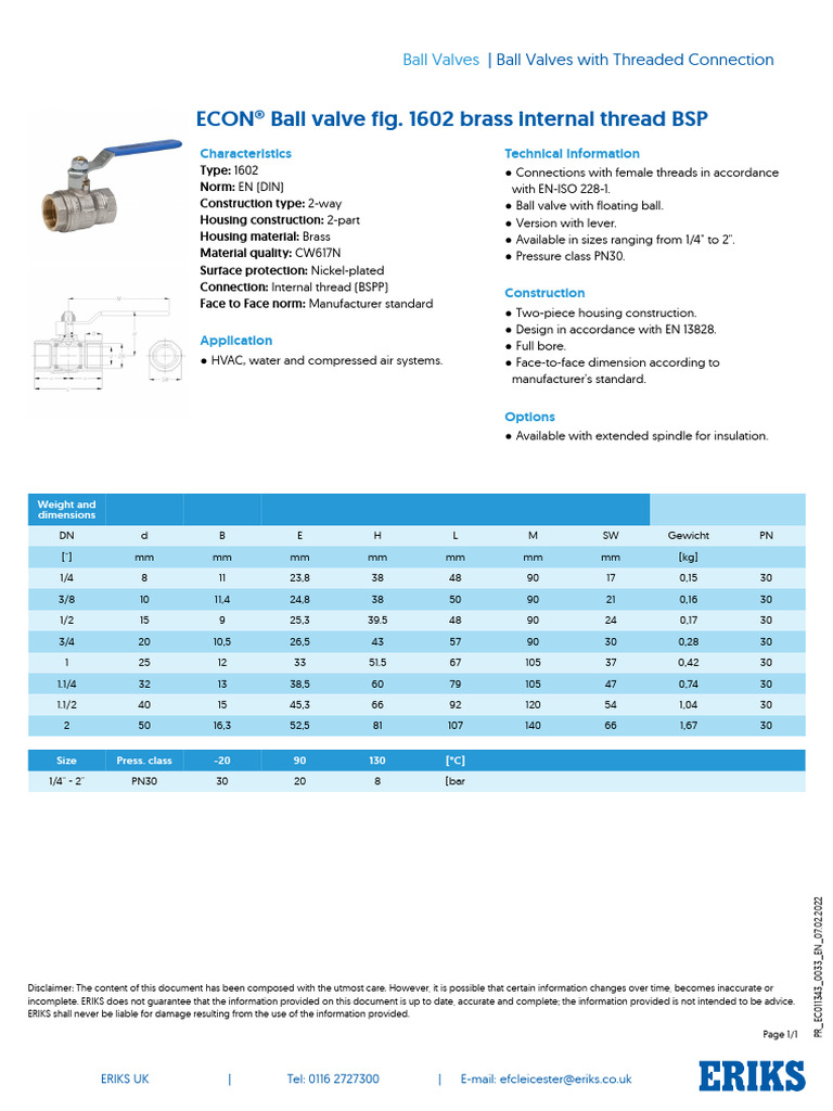 ECON - Ball Valve 1602 DS | PDF | Valve | Chemical Engineering