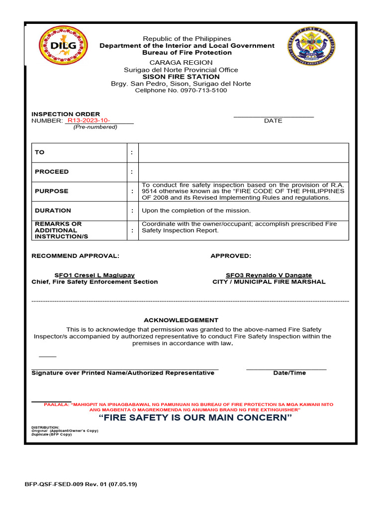 Fire Safety Inspection Order Form | PDF