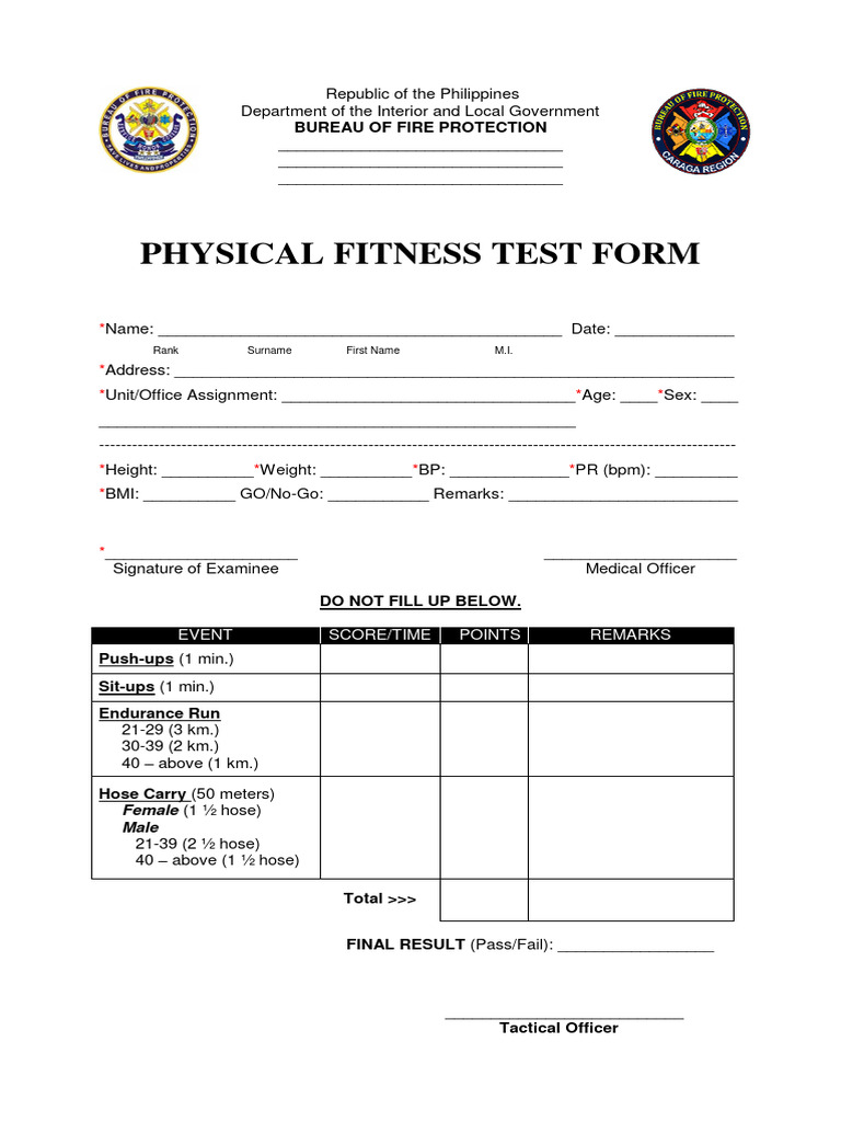 BFP Physical Fitness Test Form | PDF