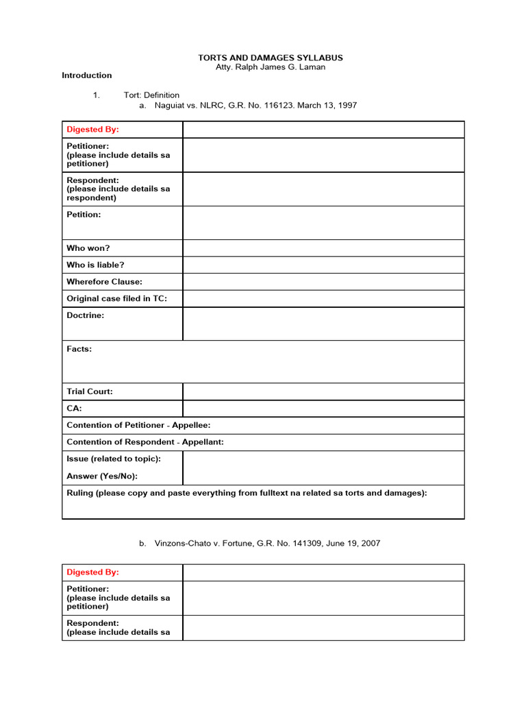 Torts and Damages - Class Digest | PDF | Lawsuit | Tort