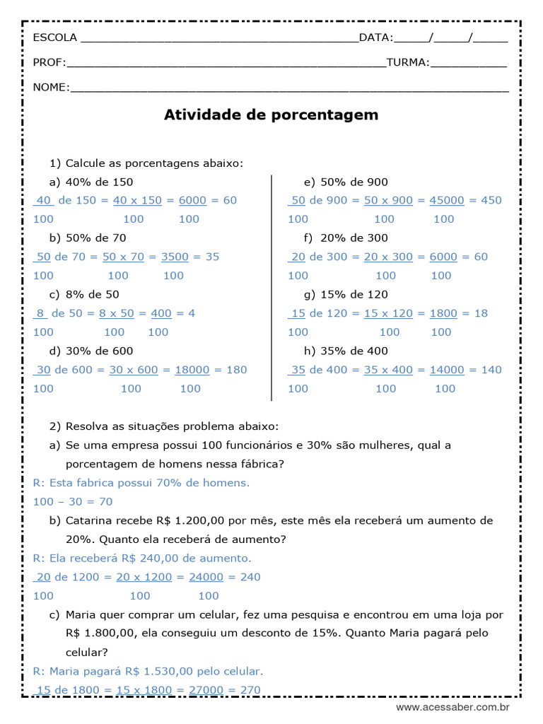 Atividades de Porcentagem para 5º Ano | PDF | Matemática | Aritmética