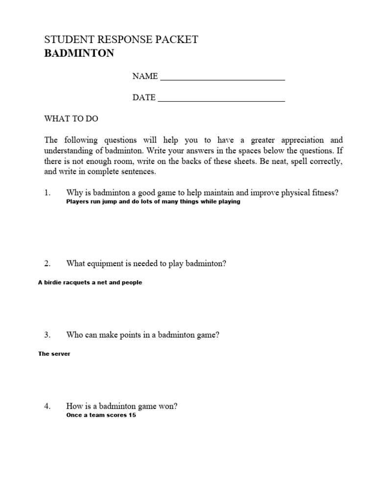 Badminton Questions PDF