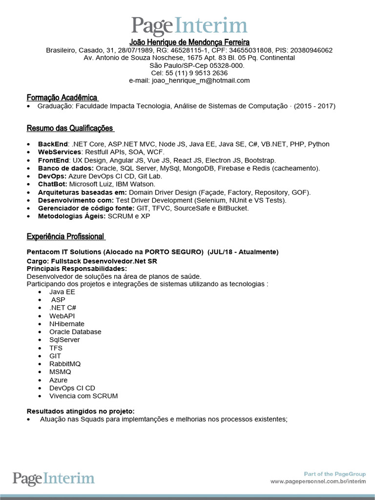 Currículo de Desenvolvedor Fullstack .NET | PDF | Microsoft SQL Server ...