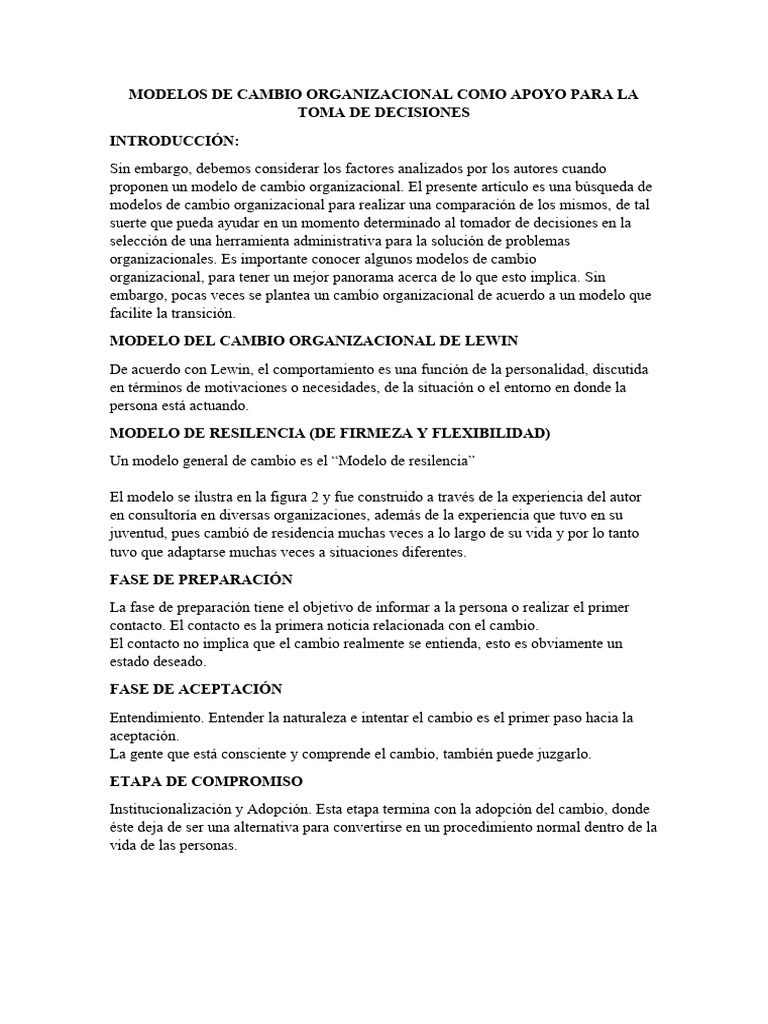 Modelos de Cambio Organizacional | PDF | Gestión del cambio | Toma de ...