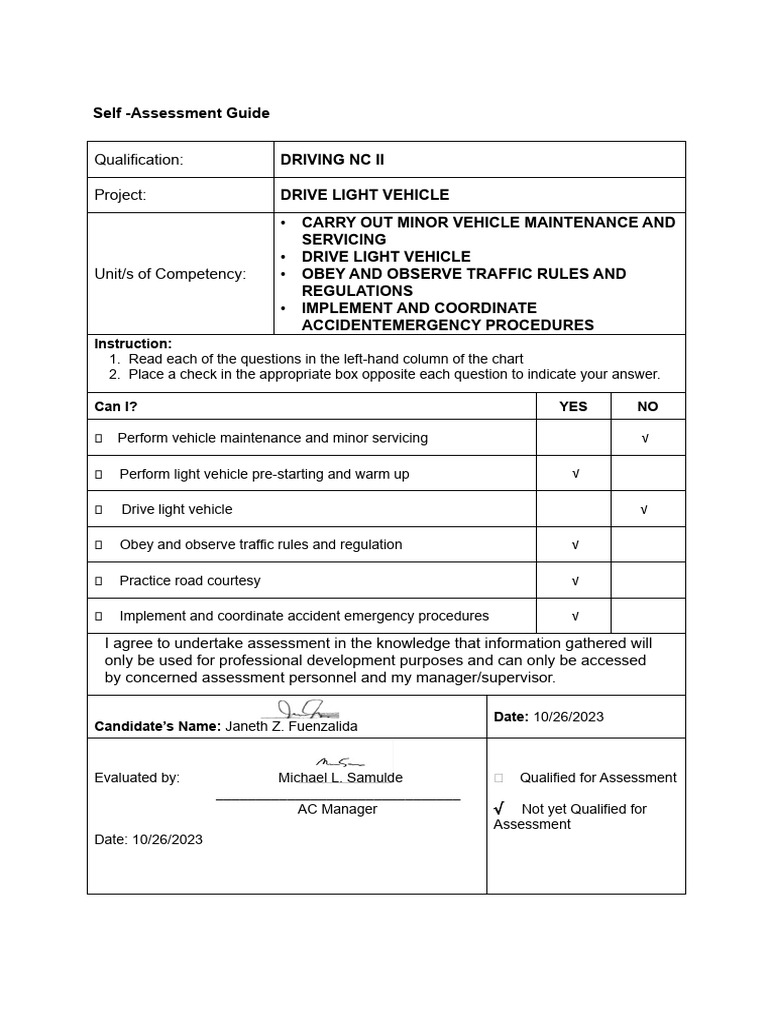 Self-Assessment for Driving NC II | PDF