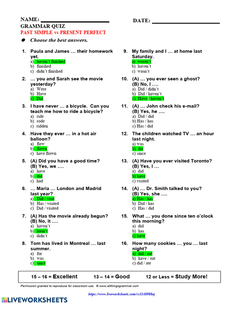 Grammar Quiz: Past Simple vs Present Perfect | PDF