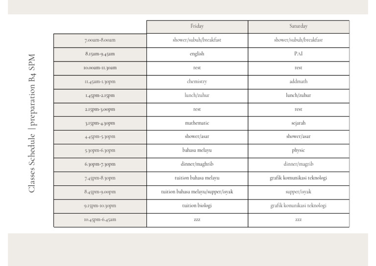 Weekly Class Schedule for SPM Prep | PDF | Cooking, Food & Wine