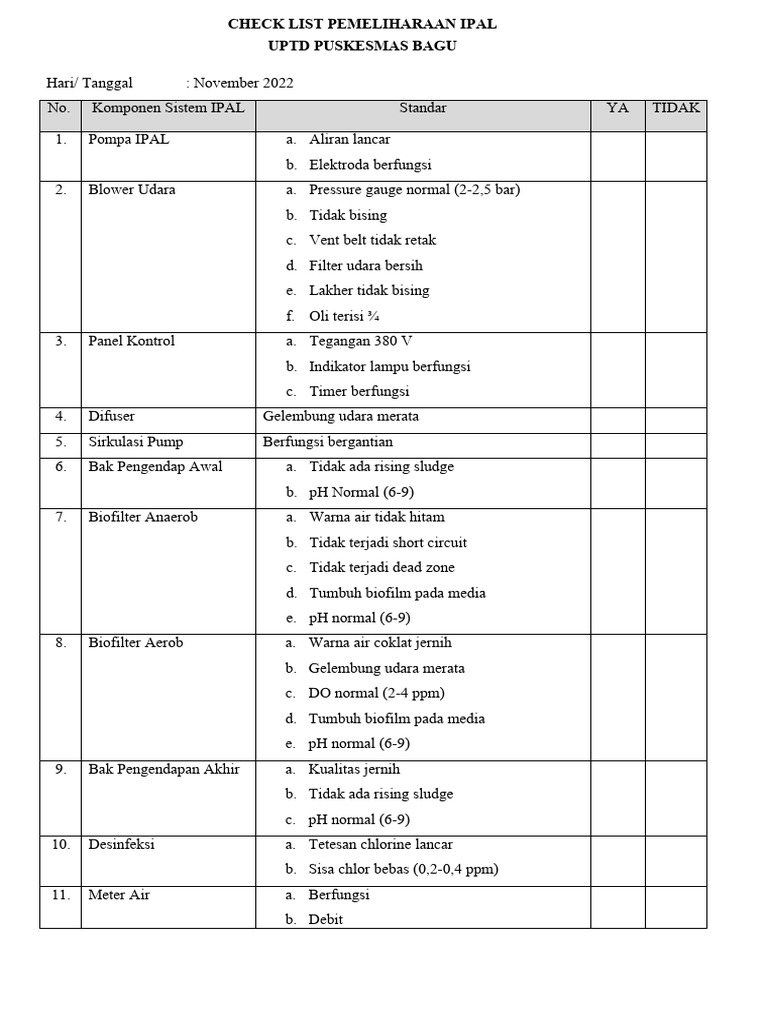 Check List Pemeliharaan Ipal - Compress | PDF