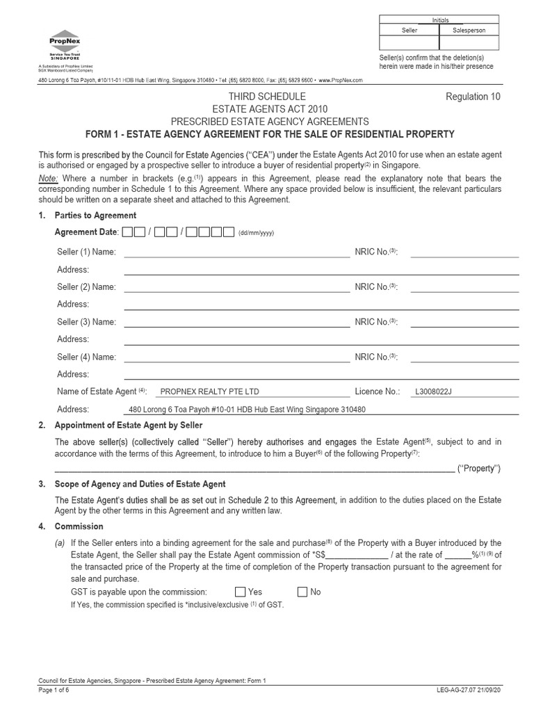 Prescribed Estate Agency Agreement Form 1 | PDF | Sales | Estate Agent