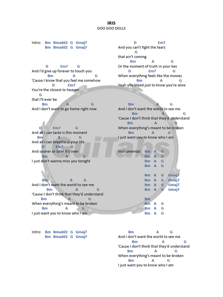 Iris Lyrics & Chords PDF Recorded Music Songs