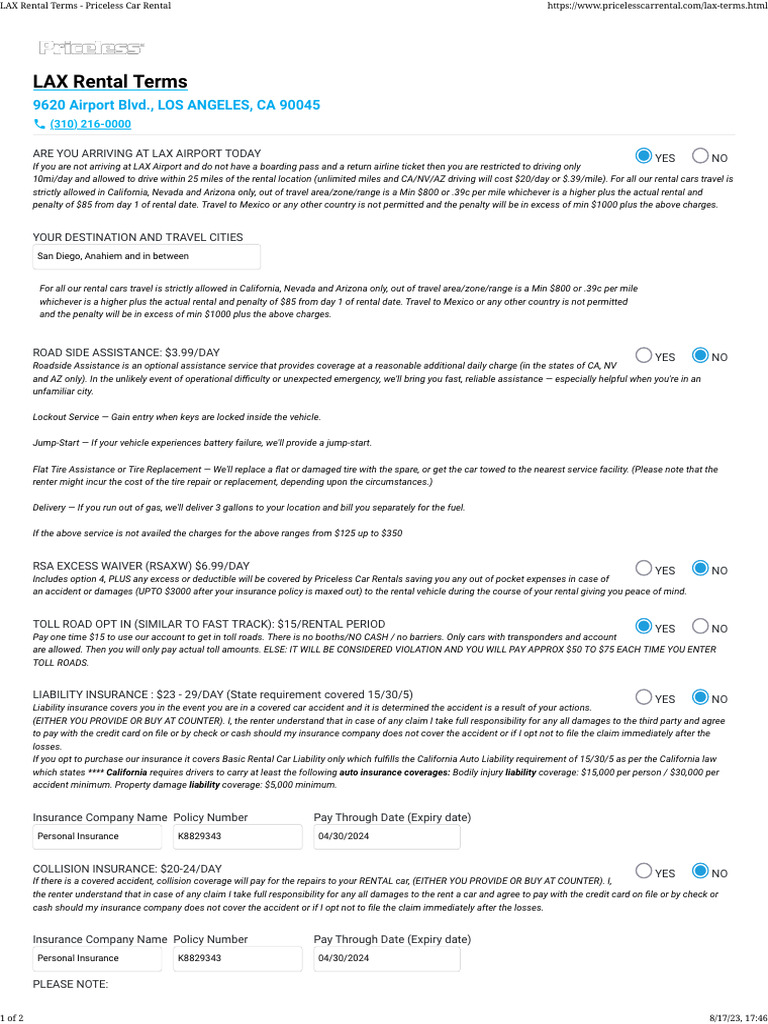 LAX Rental Terms Priceless Car Rental PDF Vehicle Insurance Car