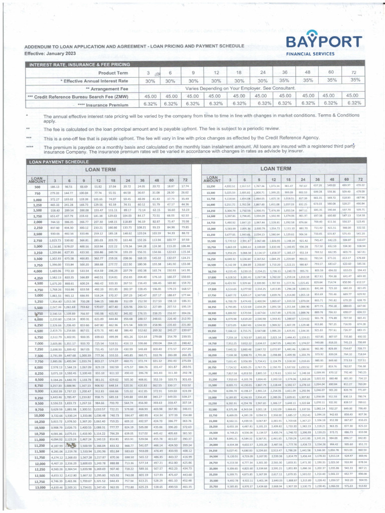 Bayport Loan Schedule 2023 PDF Insurance Interest