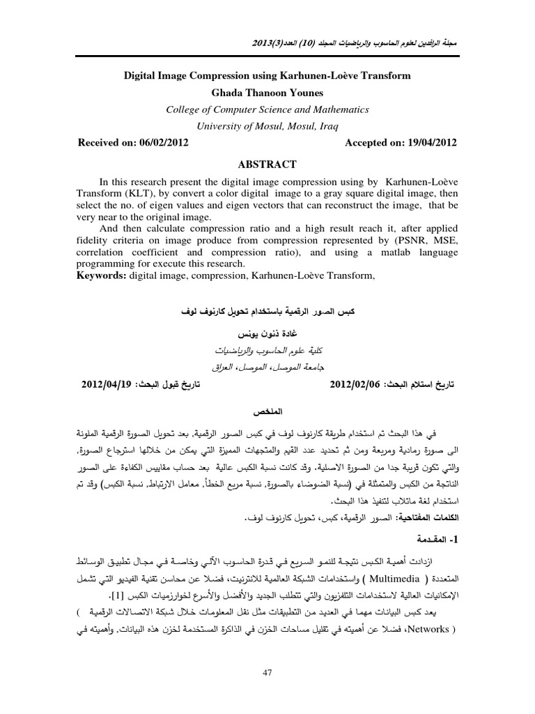Digital image compression using karhunen loeve tra pdf