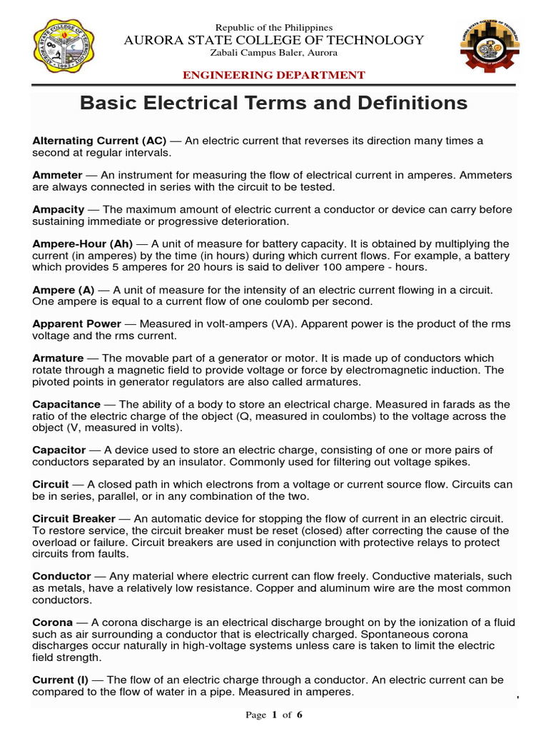 Basic Electrical Terms And Definitions