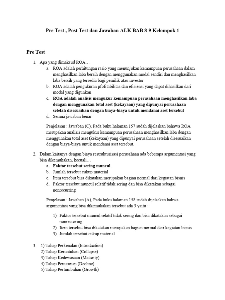 Pre Test Pos Test Dan Jawaban Akl Bab 8 Dan 9 Pdf