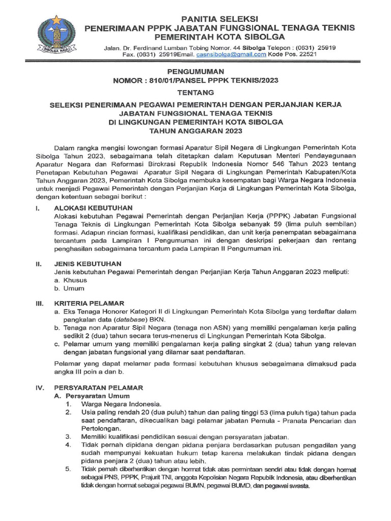 PENGUMUMAN SELEKSI PENERIMAAN PPPK JABATAN FUNGSIONAL TENAGA TEKNIS