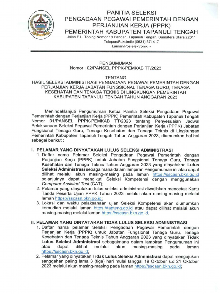 Hasil Seleksi Administrasi PPPK 2023 | PDF