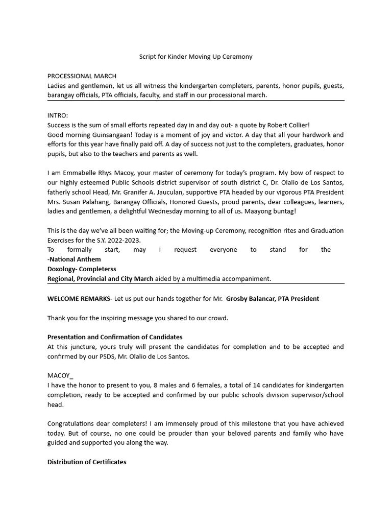 Kinder Moving Up Ceremony Script | PDF