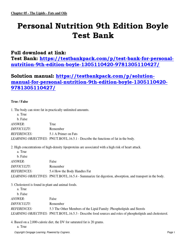 Personal Nutrition 9th Edition Boyle Test Bank 1 | PDF | Fat ...