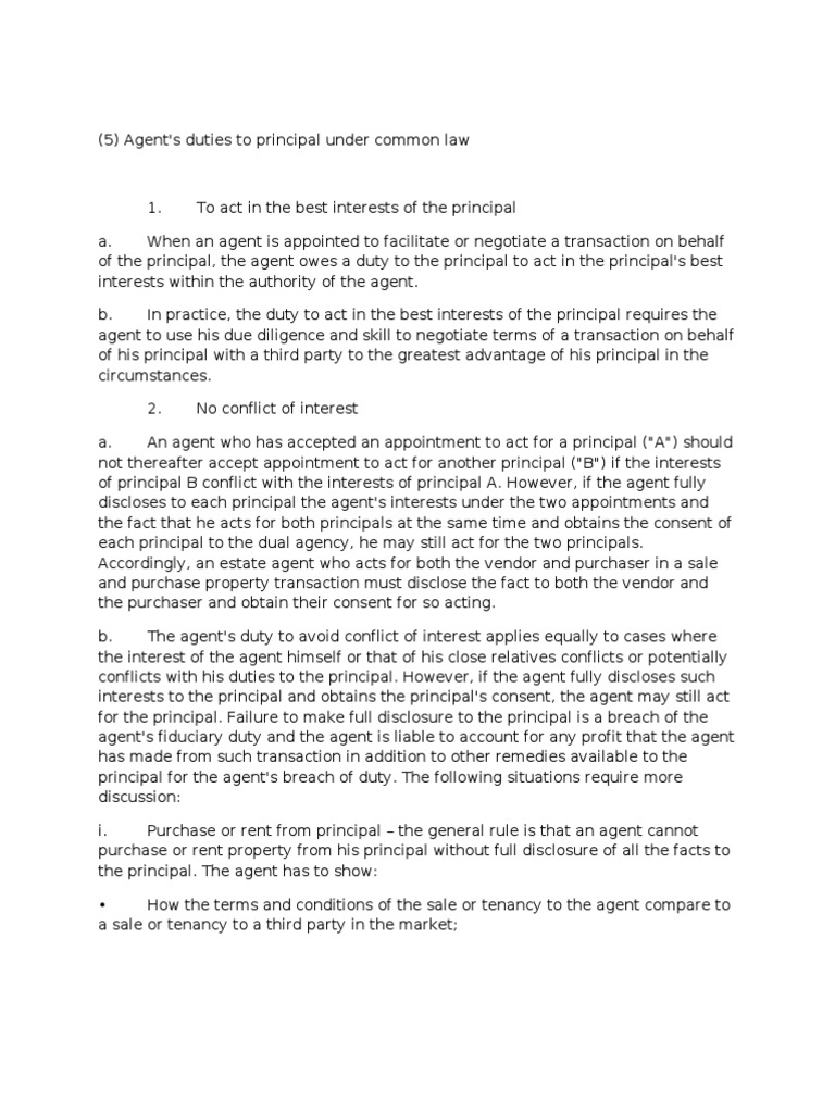 Agent's Duties to Principal Under Common Law Law Of Agency Fiduciary