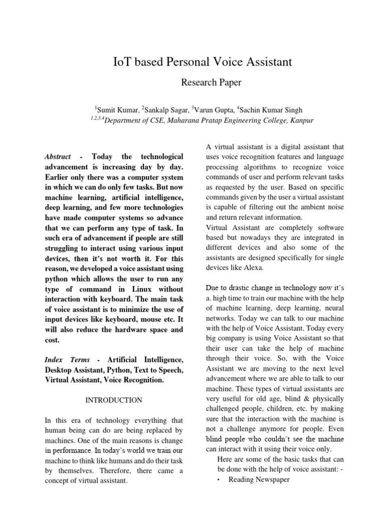Iot based personal voice assistant research paper pdf