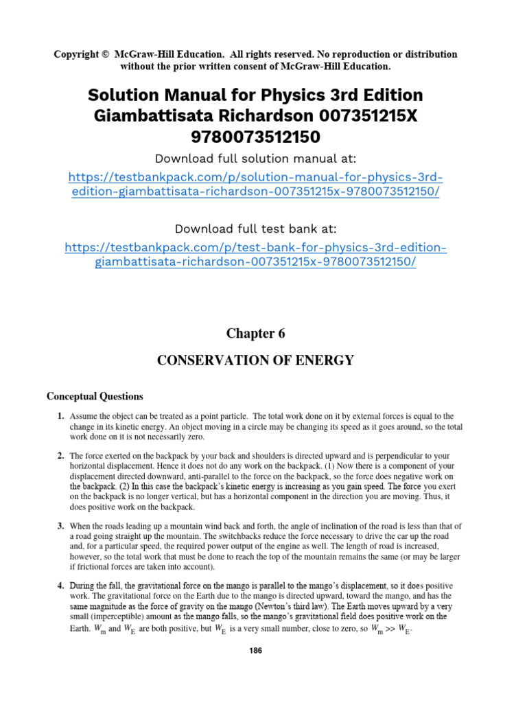 Physics 3rd Edition Giambattisata Solutions Manual 1 | PDF | Force | Potential Energy