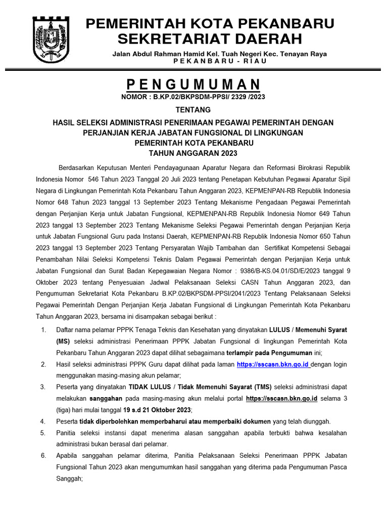 Pengumuman Hasil Seleksi Administrasi Pdf