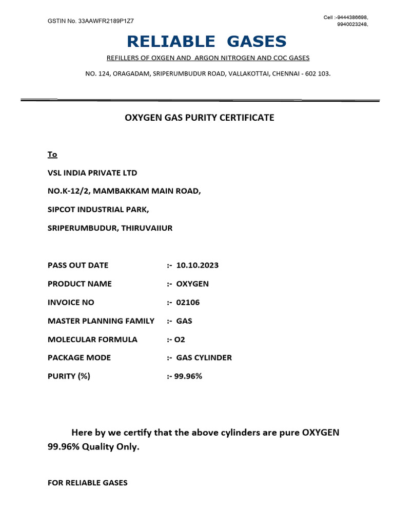 Reliable Gases Oxygen Gas Purity Certificate PDF