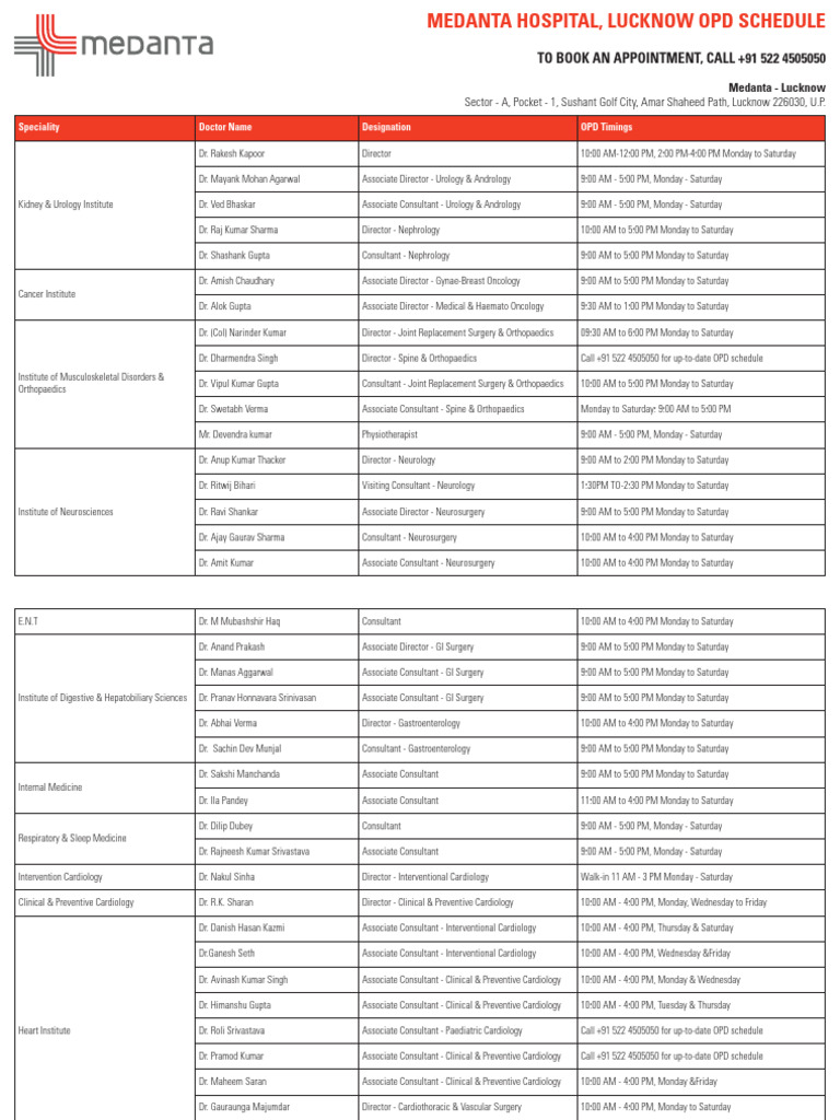 Medanta Lucknow Hospital OPD Schedule PDF Medical Specialties