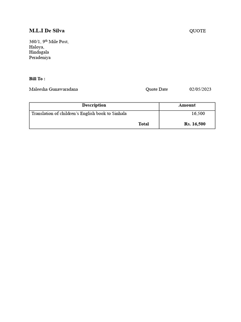 Sinhala Translation Quotation PDF